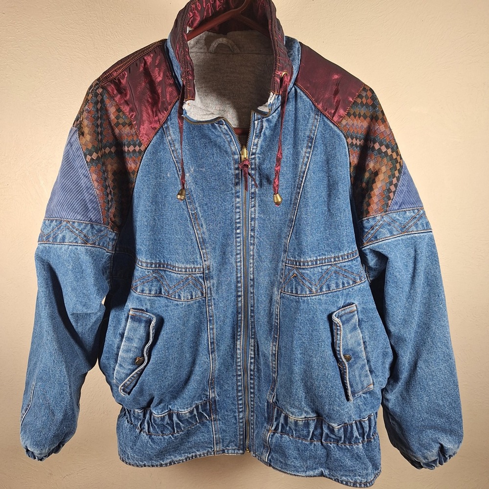 Current Seen Vintage 80s Denim Patchwork Tapestry Colorblock Puffer Jacket M